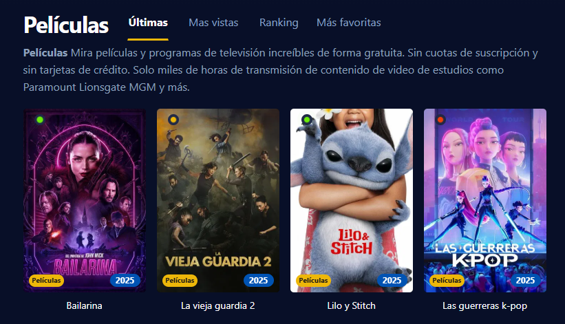 Captura de pantalla de la interfaz de usuario de Pepelisplus mostrando peliculas y series organizadas por generos
